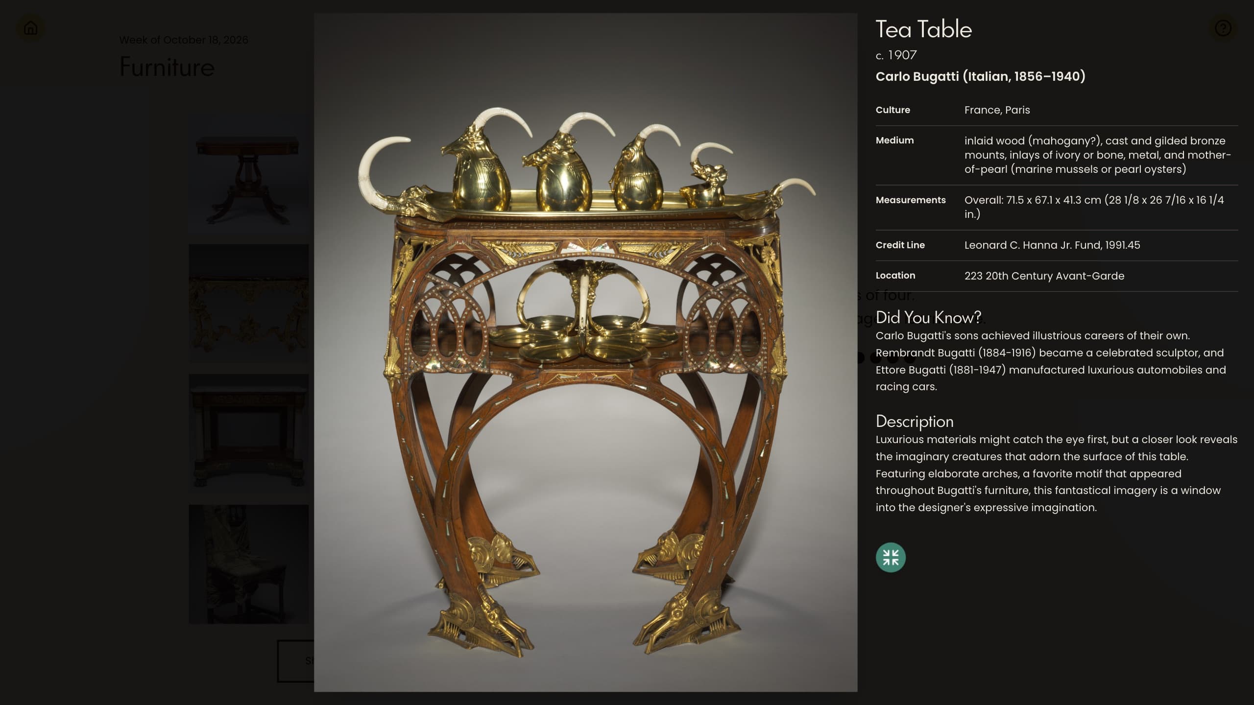 Artwork overlay for Carlo Bugatti's Tea Table, with object details, a Did You Know? note, and a description beside the full image