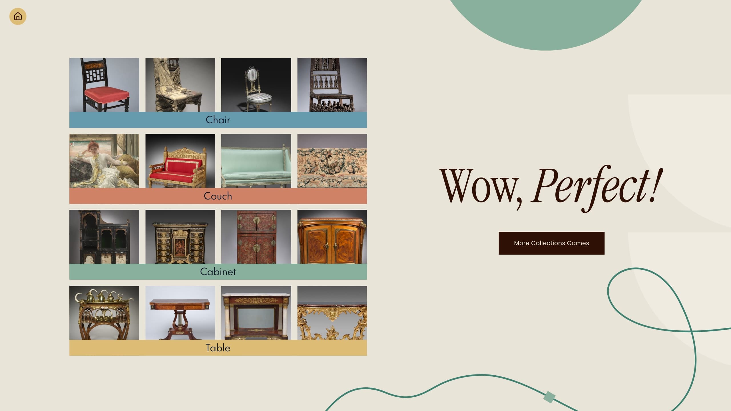 Completed Collections puzzle, with the artworks grouped into Chair, Couch, Cabinet, and Table and a "Wow, Perfect!" message