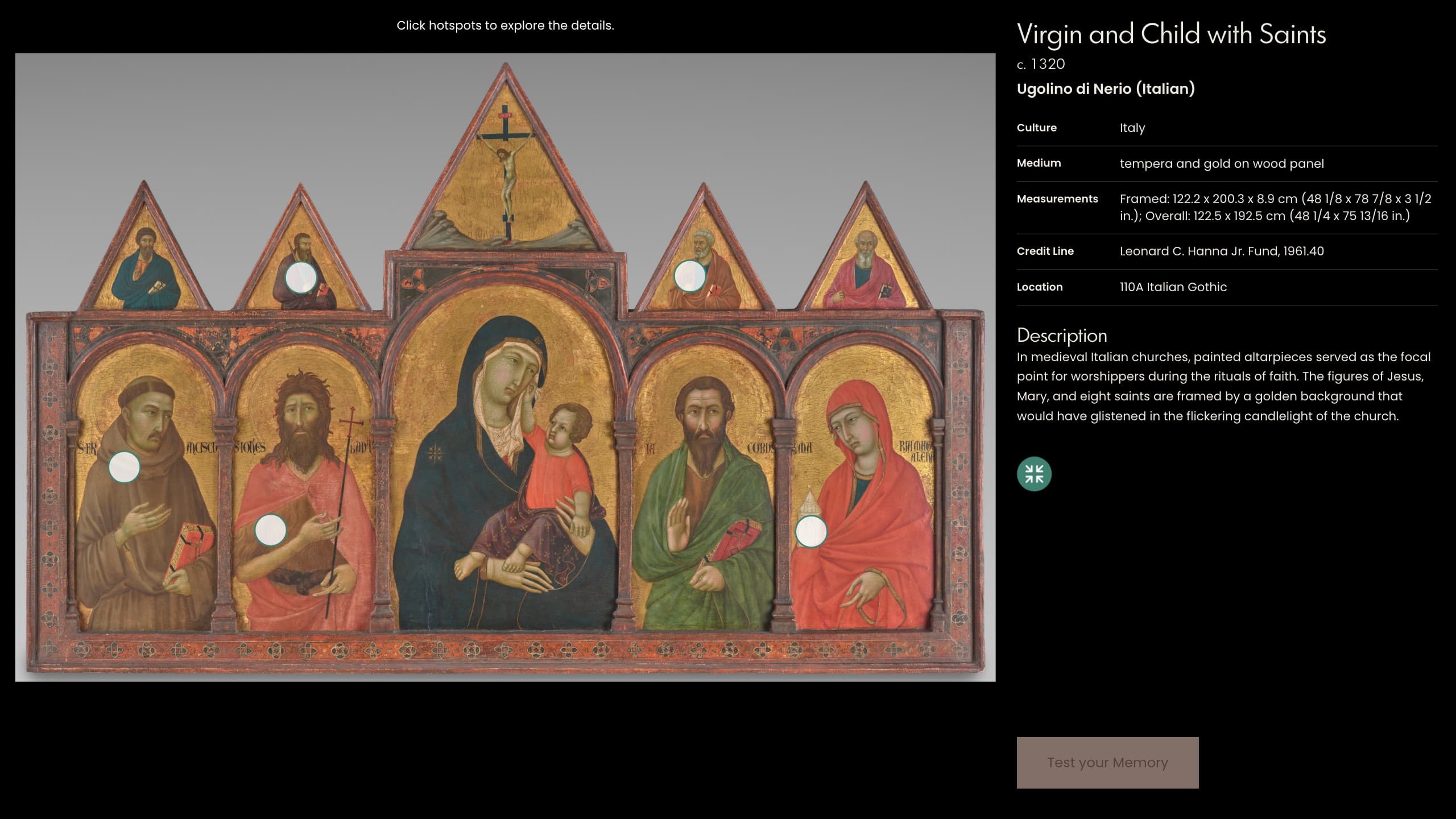 Memory for Details study view of Ugolino di Nerio's Virgin and Child with Saints altarpiece, with tappable detail hotspots and a Test your Memory button
