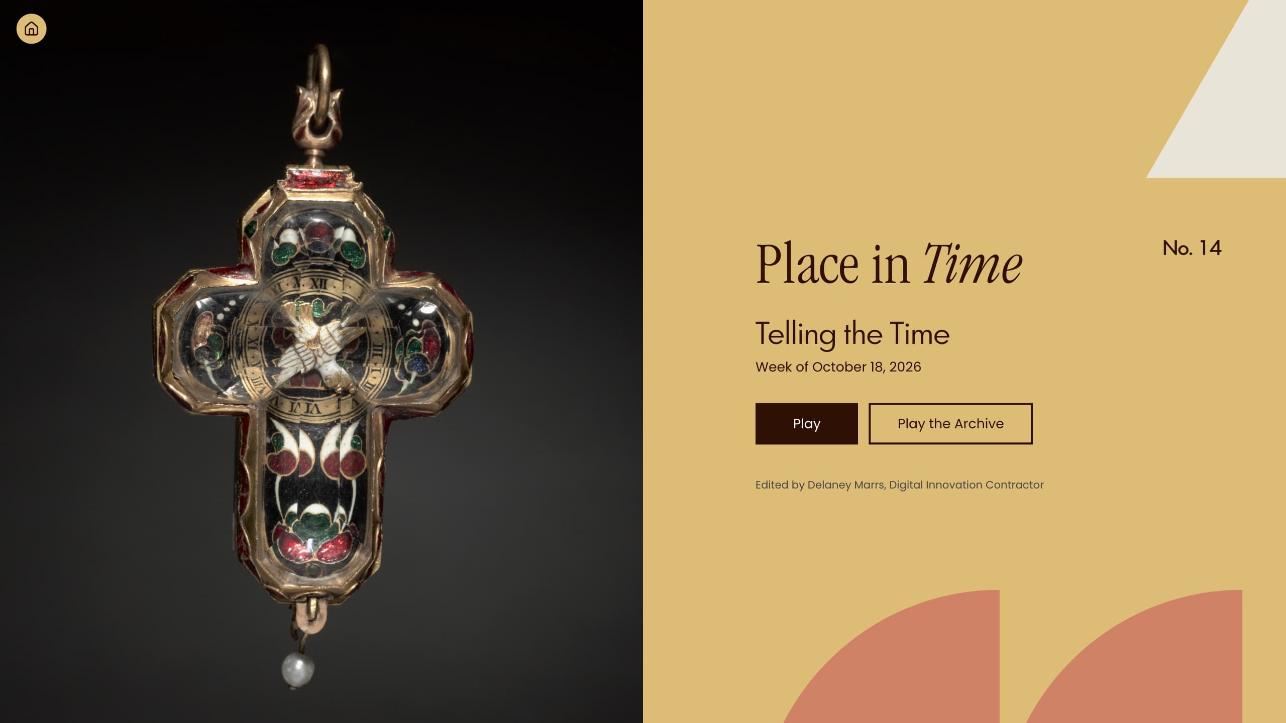 Place in Time intro screen for the puzzle Telling the Time, with an enamelled cross-shaped watch beside Play and Play the Archive buttons