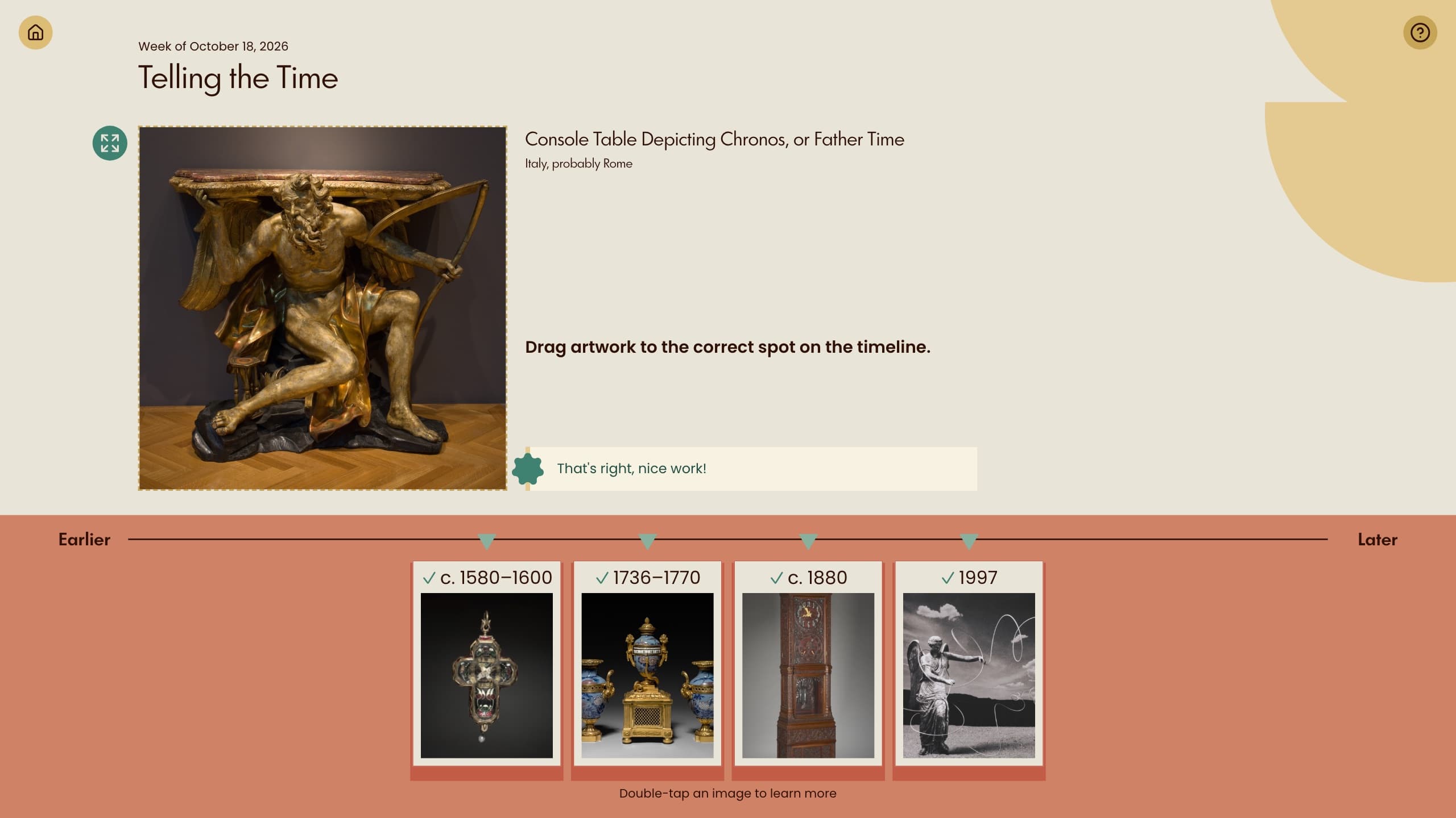 Place in Time puzzle mid-game: four artworks placed correctly on an earlier-to-later timeline, with the next artwork waiting to be dragged into place