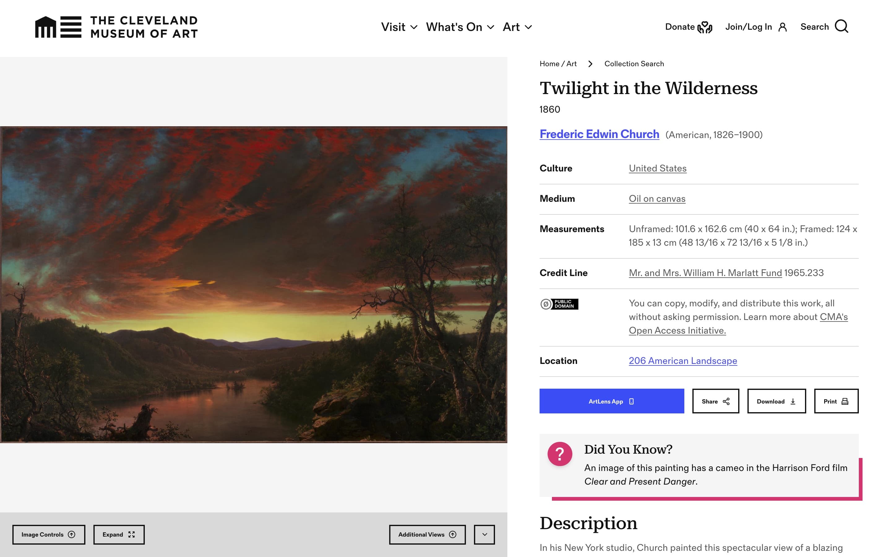 Artwork page for Frederic Edwin Church's Twilight in the Wilderness, with a deep-zoom image viewer beside the object details