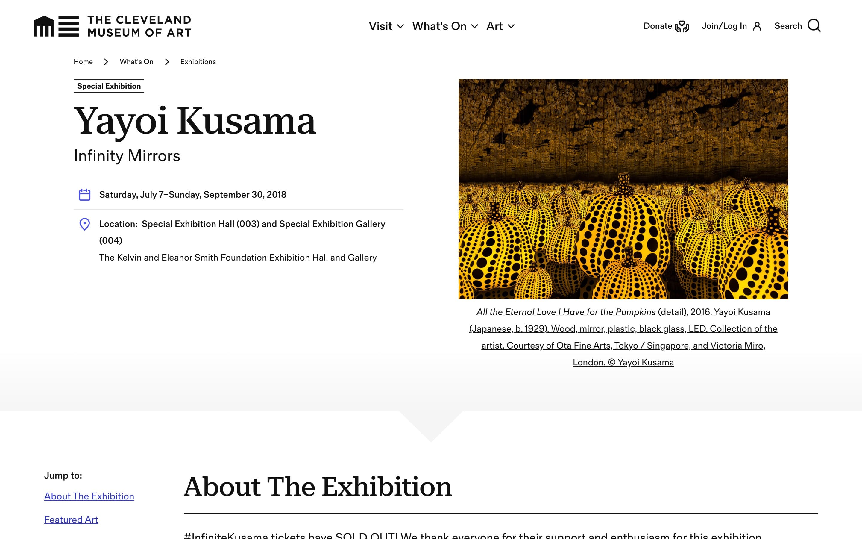 Exhibition page for Yayoi Kusama: Infinity Mirrors, with dates, location, and a captioned hero image