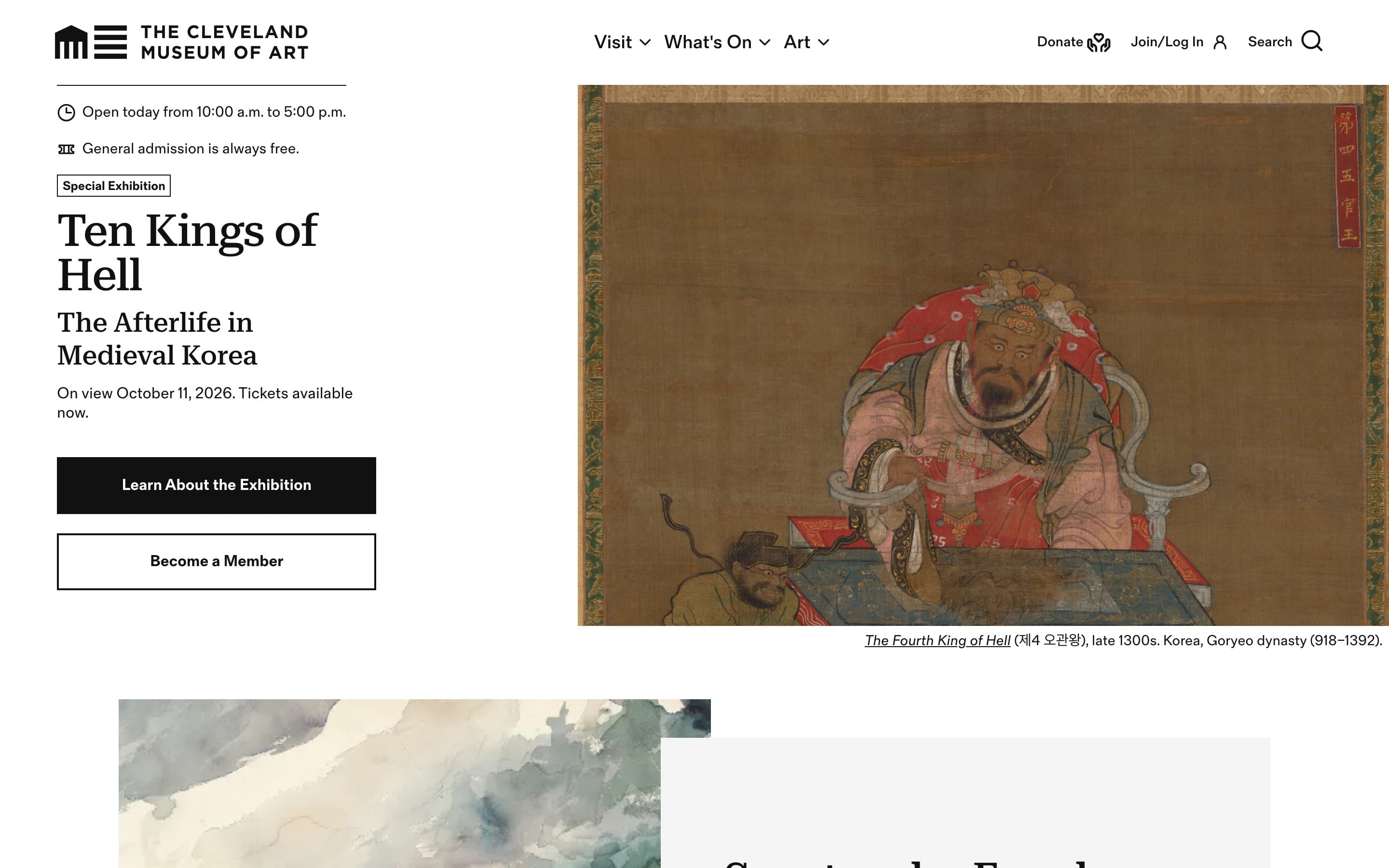 Cleveland Museum of Art homepage, leading with a special-exhibition hero