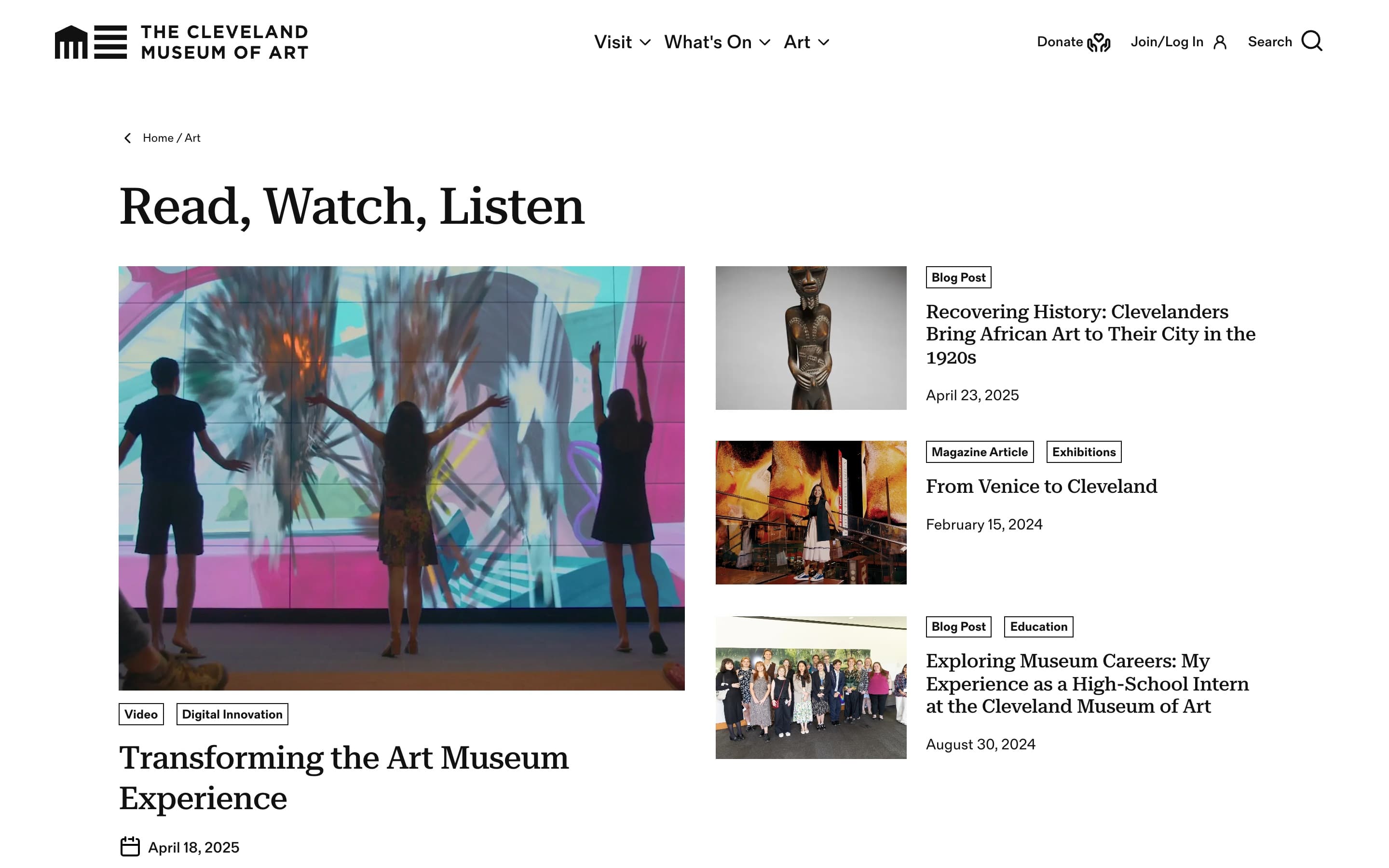 Read, Watch, Listen landing page, with a featured video story beside tagged blog posts and magazine articles