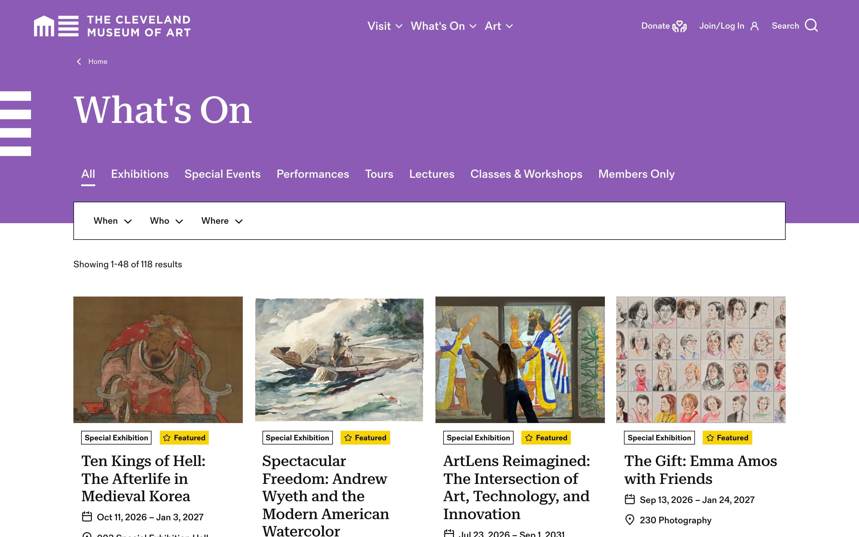 What's On listing, with category tabs, When/Who/Where filters, and a grid of featured exhibitions