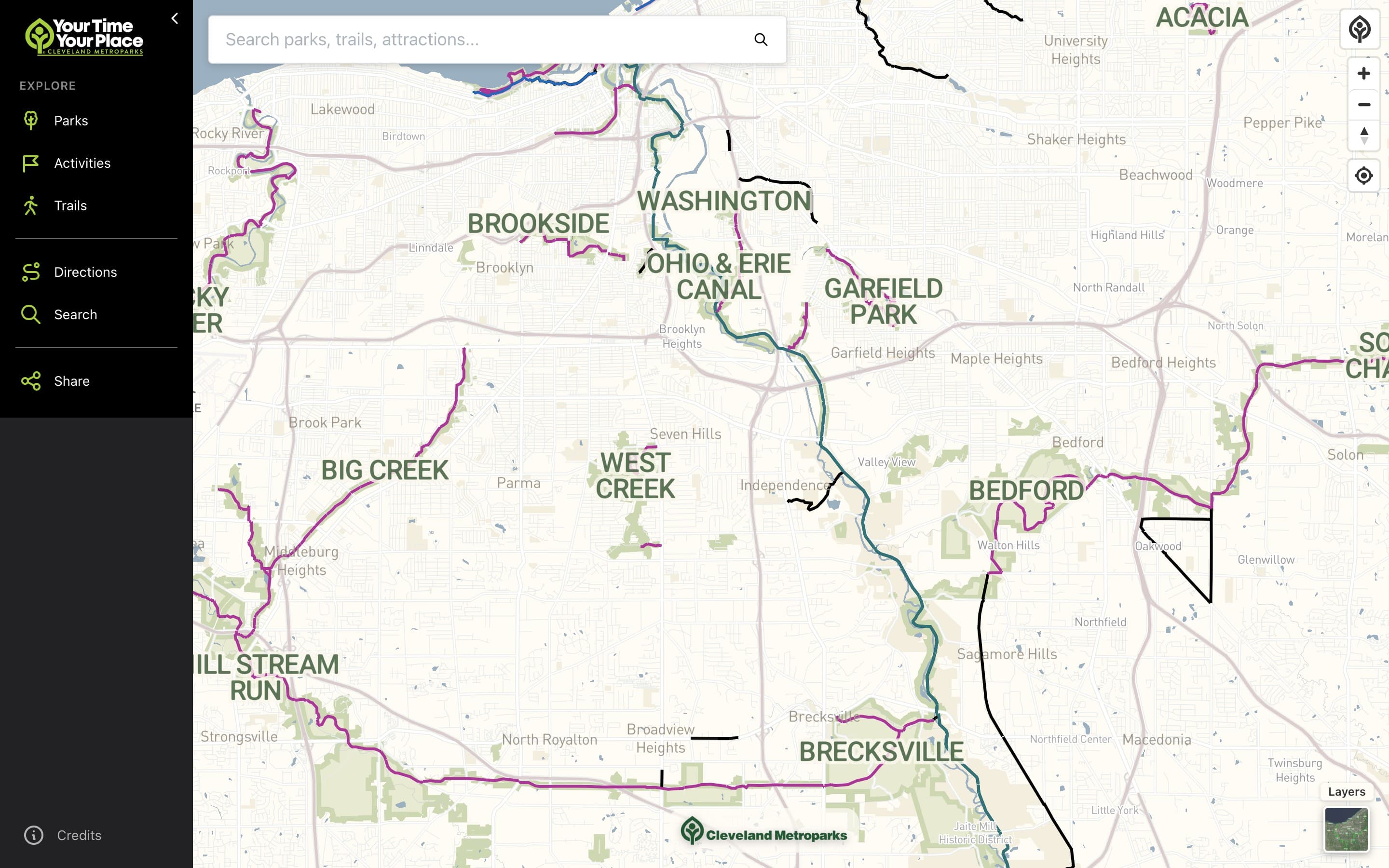 Trail-finder map home view, with the Explore sidebar and the reservations and trail network across greater Cleveland