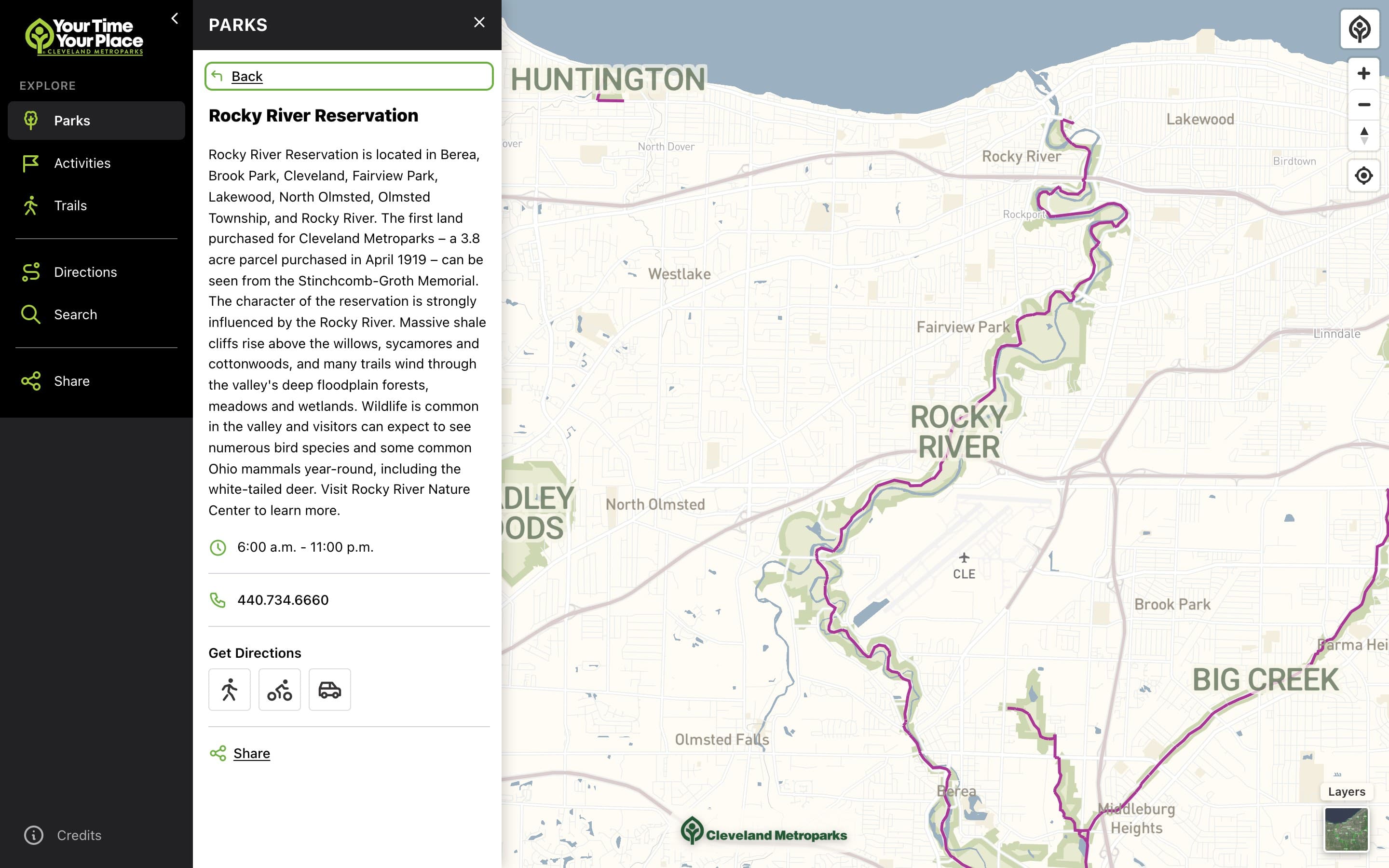 Rocky River Reservation page, with a description, hours, phone, and Get Directions buttons beside the map zoomed to the reservation