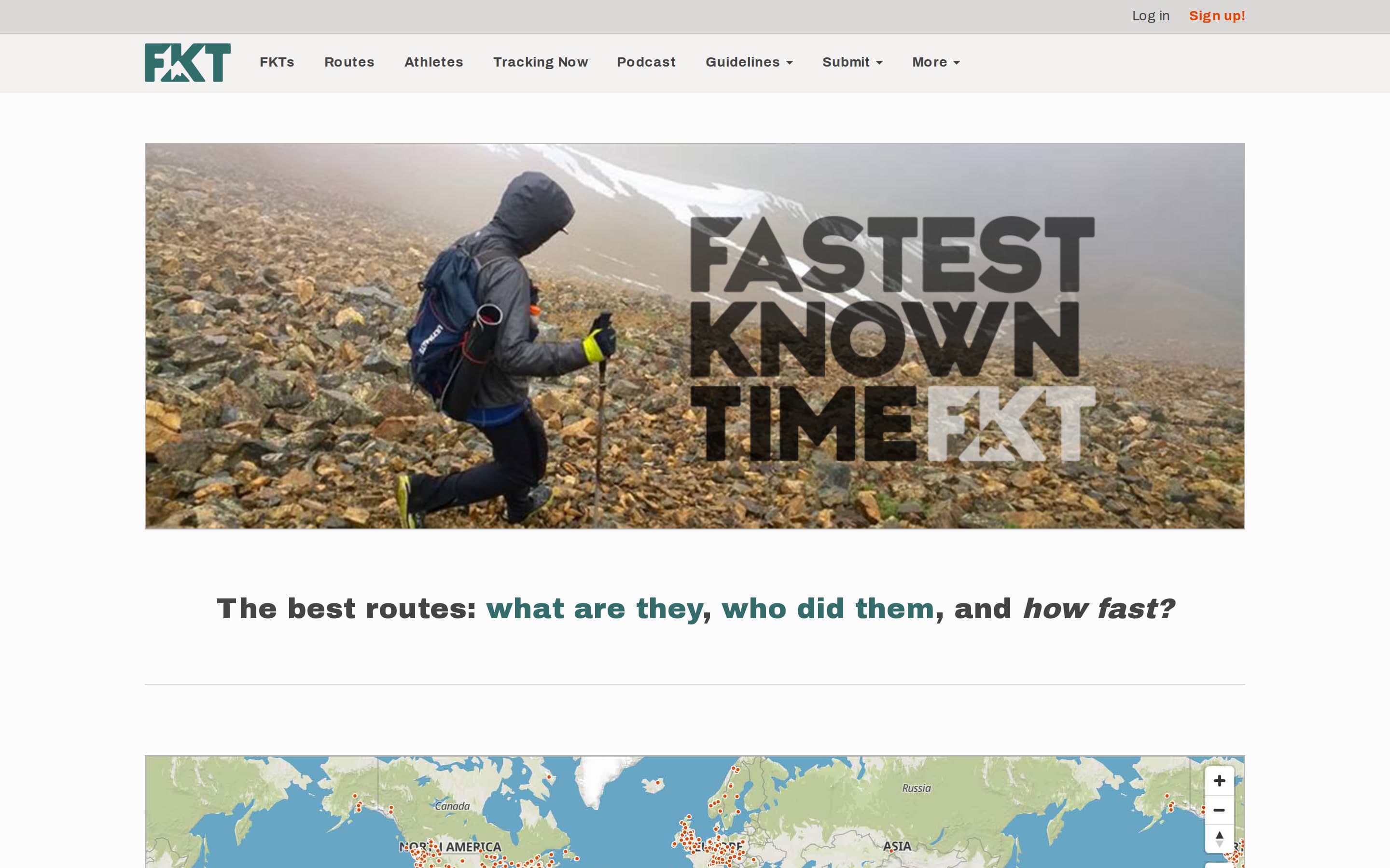 Fastest Known Time homepage, with hero, tagline, and a world map of routes