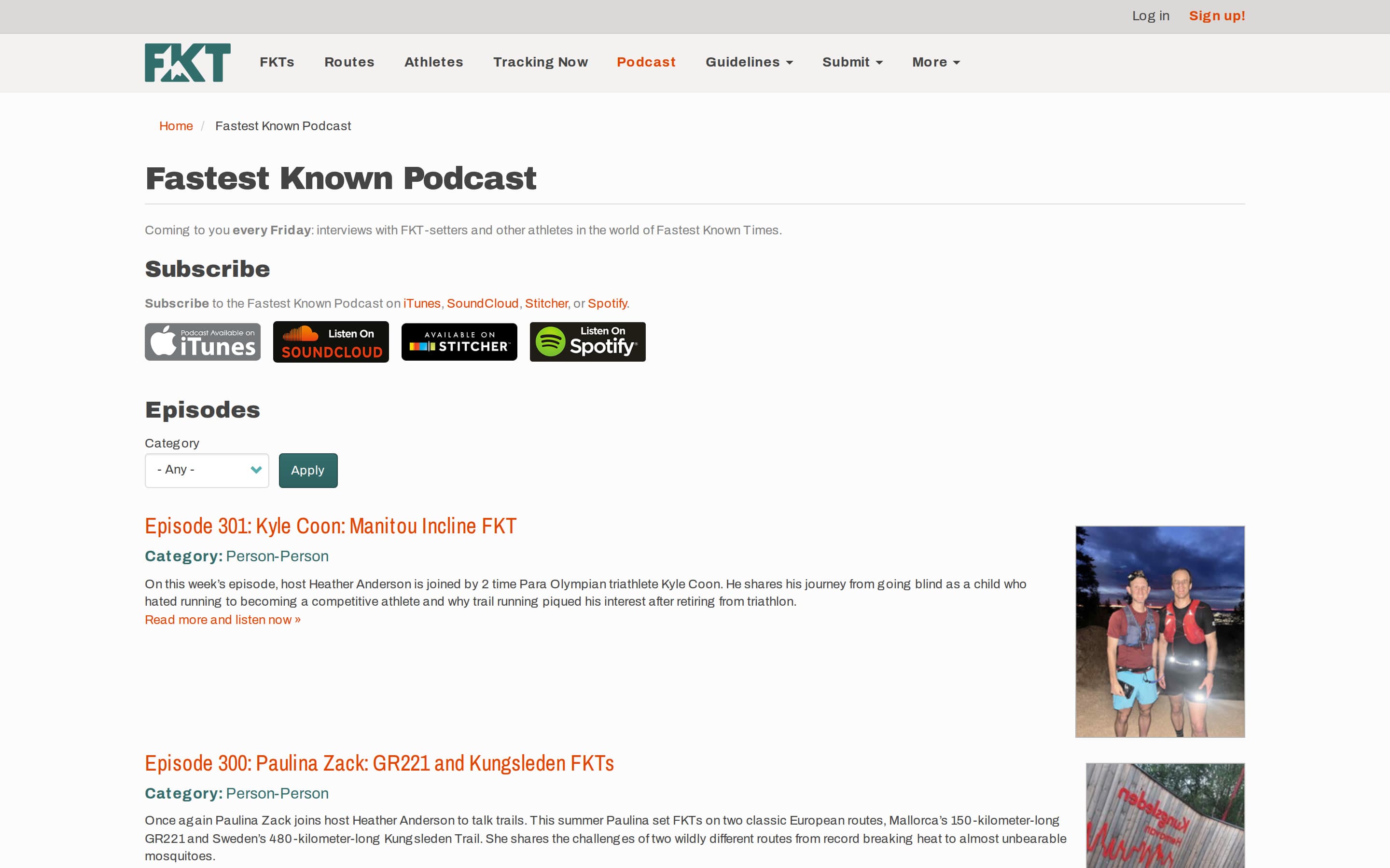 Fastest Known Podcast page, with subscribe links and episode listings