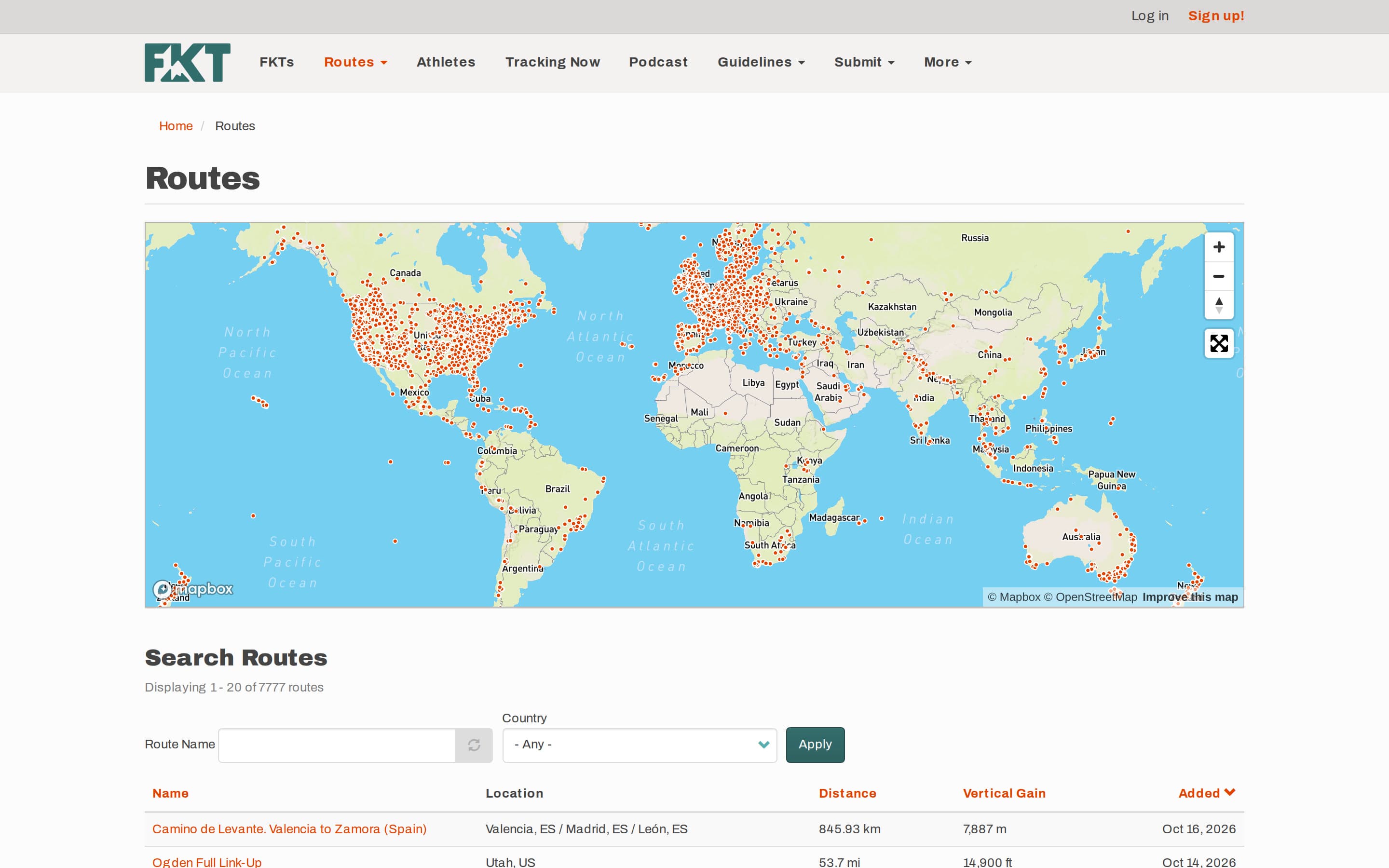 Routes page, with a global map of route markers and a searchable routes table