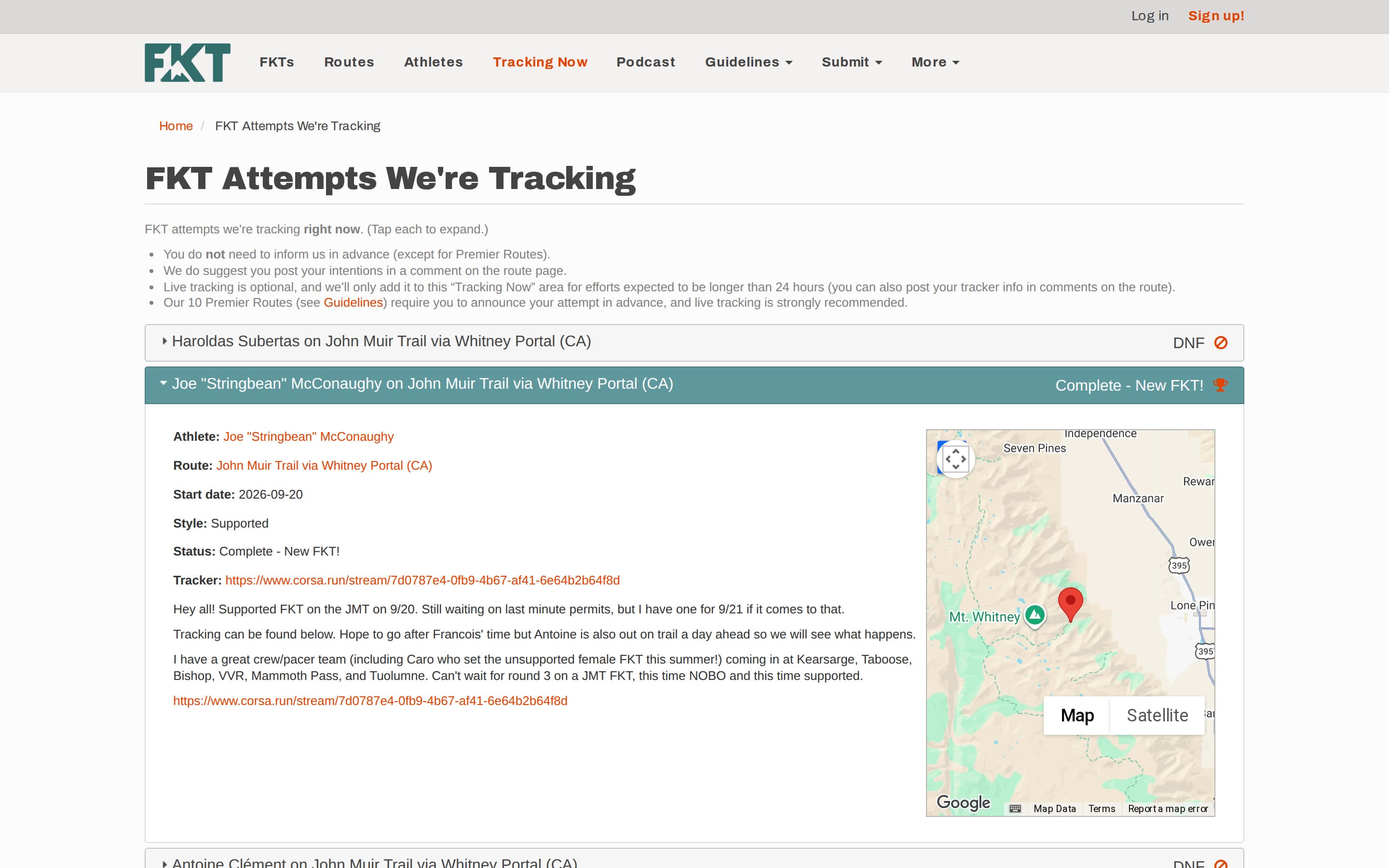 Tracking Now page, with an expanded live FKT attempt including map and athlete notes